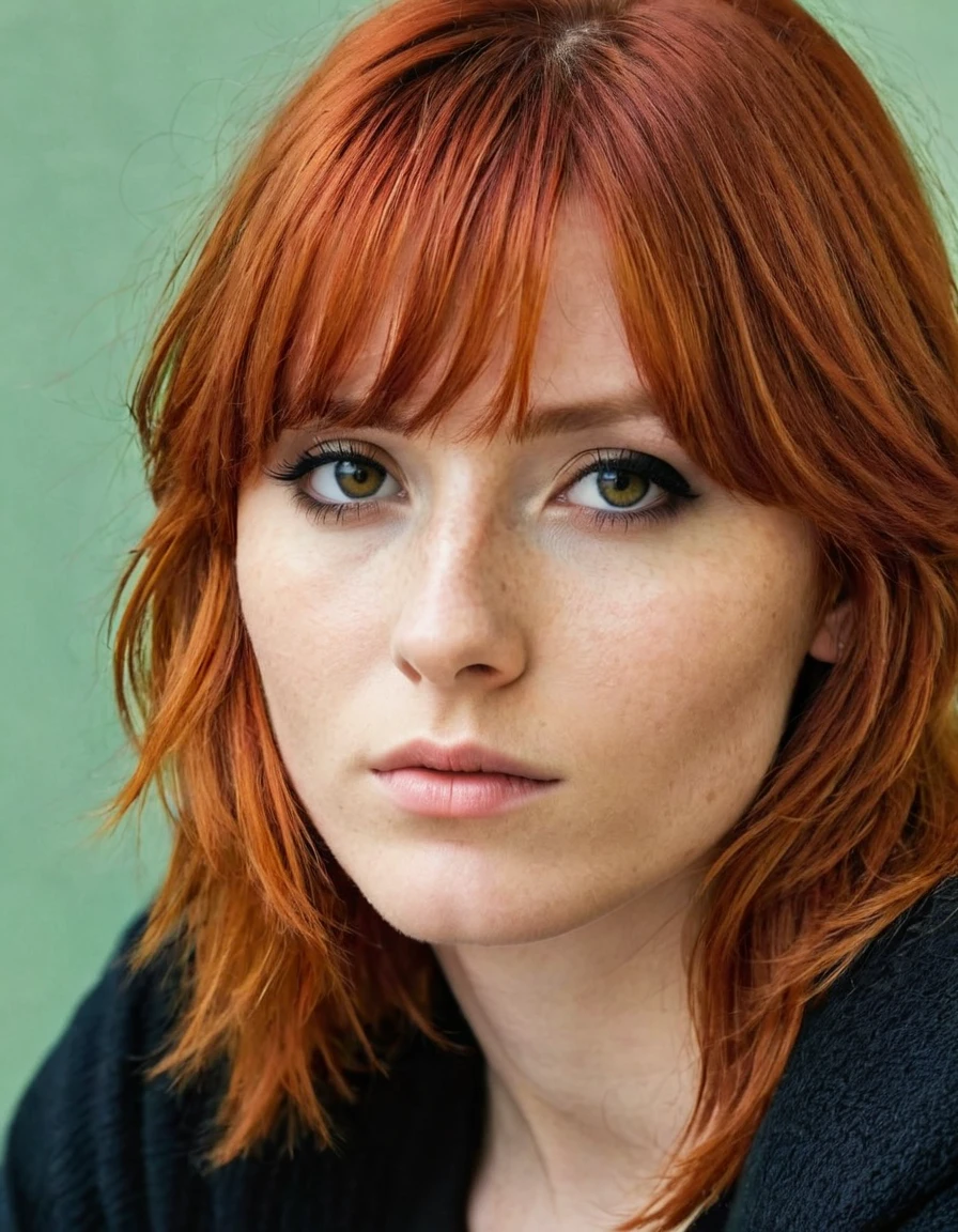  19 years old with red hair layered with a light fringe and black eyes/chestnuts 