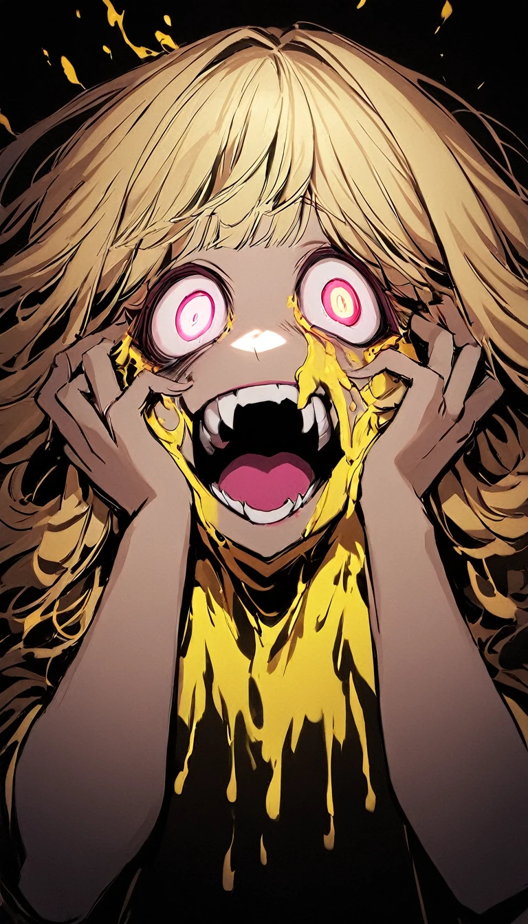 original character , 1girl, (crazy smile:1.2) , blonde hair , bangs , crazy eyes , hands on face , yellow blood splatter on face , yellow and black color scheme, open mouth, (wide-eyed:1.2), glowing eyes, left star shaped eye, star shaped eye, pink eyes, pink eyes