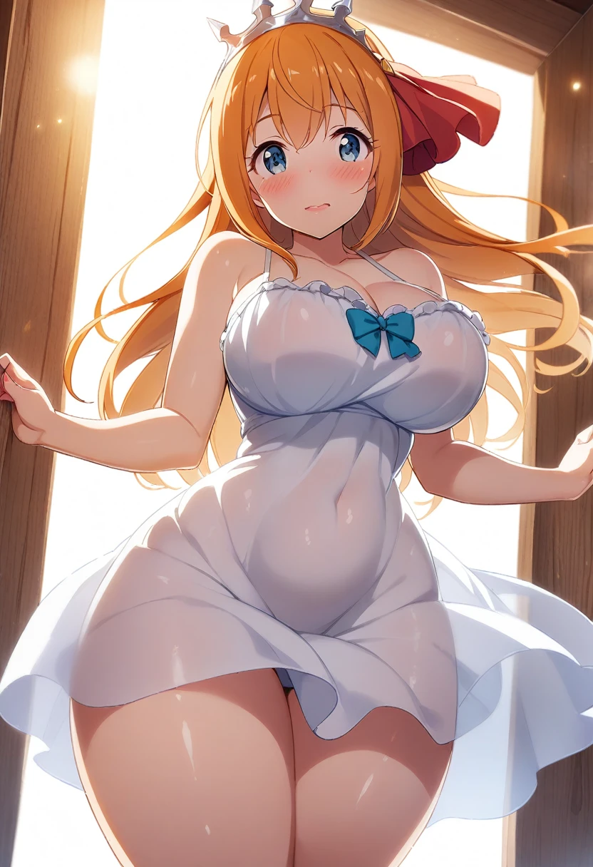 1Girl, pecorine_(princess_connect!) , princess_connect!, big breasts, thick thighs, wide hips, shiny skin, blush, sun dress, spaghetti strap, frills, see-through silhouette, wind, cowboy shot, looking at viewer, pov, low angle, best quality, recent, mid