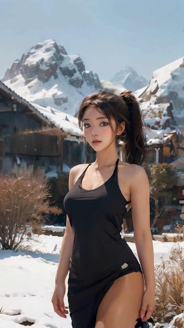 (ครั้งman:1.2), muscular woman, (ponytail, Hair Tube:1.2), naked girl, naked girl, , without wearing clothes, naked , brown hair, blue eyes , Winter Background, snow, winter village, (tan skin, black skin, dark skinned woman:1.5), (realistic:1.2),  (Masterpiece:1.2), (full body shot:1.2),(Cowboy Shot:1.2), neon light, dark romantic light, (very detailed:1.2),(detailed face:1.2), (color gradient), colorful, Detailed eyes, (Detailed landscape:1.2), (Daytime:1.2),(Detailed background), Detailed landscape, (You&#39;re cute.:1.2), man, close up, 