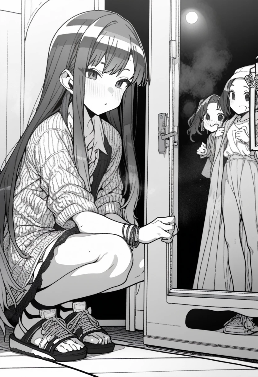 1girl, rei \(rei's room\), moketa, erere, idolmaster, gakuen idolmaster, shinosawa hiro, aged down, bracelet, hand on another's leg, jewelry, long hair, sandals, shoes, sneakers, squatting, very long hair, absurdres, greyscale, hatching \(texture\), depth of field, ((very aesthetic, best quality, ultra detailed)), manga-style