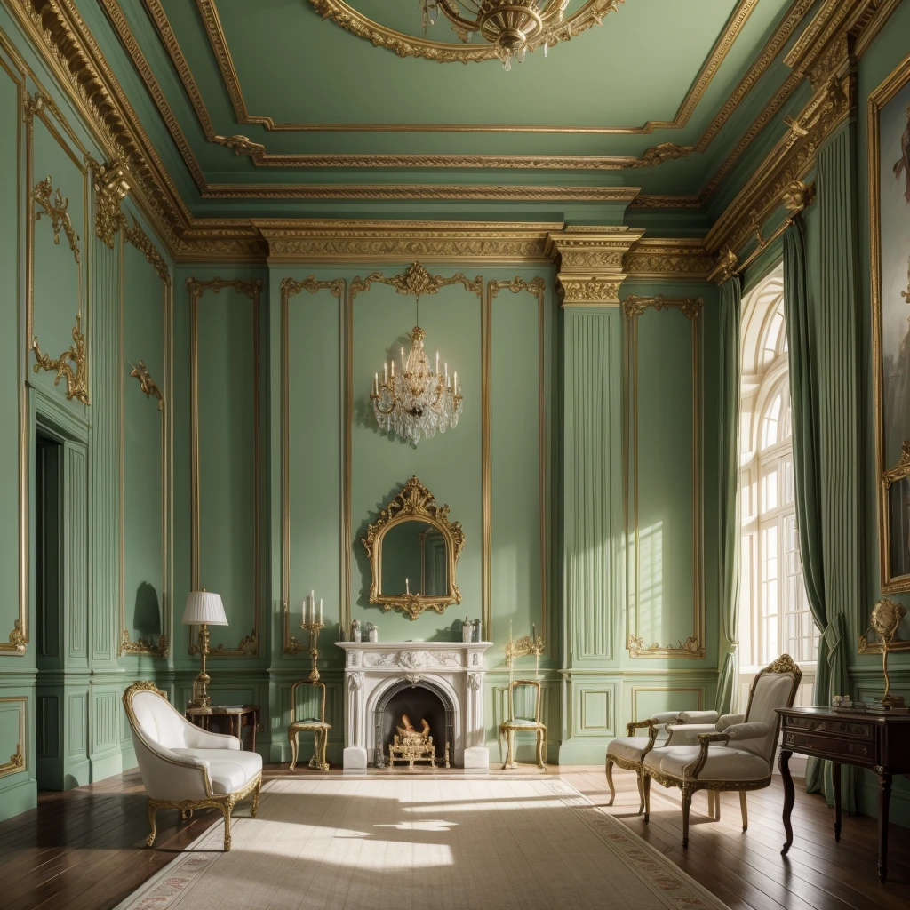 living room of a castle in the rococo style but for witches with white walls and light green marble with gold