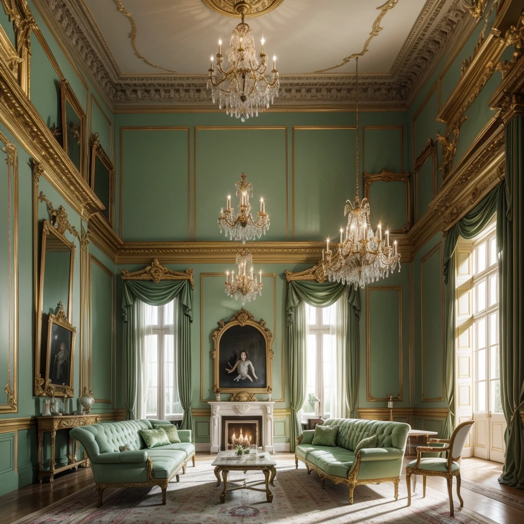 living room of a castle in the rococo style but for witches with white walls and light green marble with gold