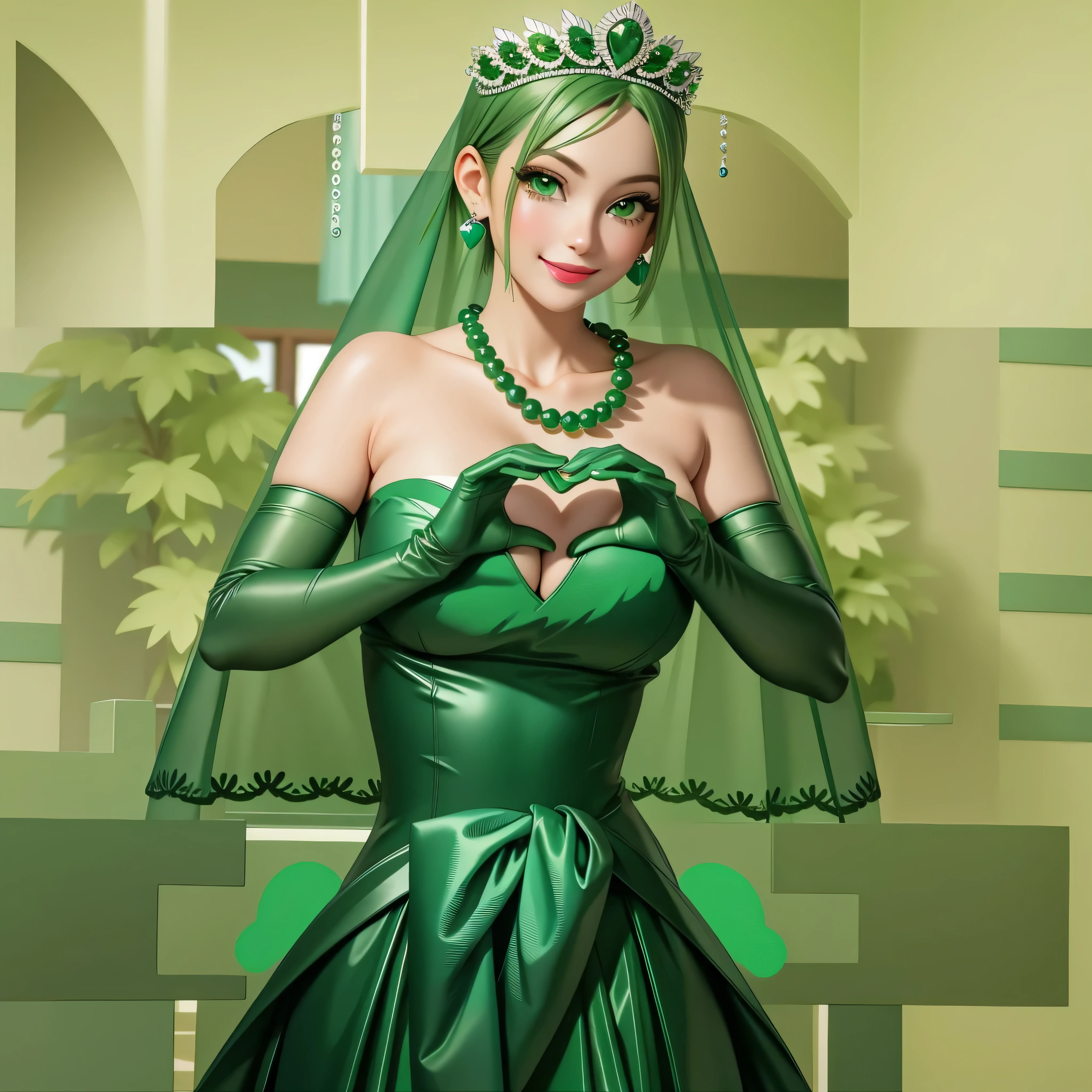 emerald tiara, Green Pearl Necklace, Boyish very short green hair, Green Lips, Smiling Japanese woman, Very short hair, Busty beautiful lady, Green Eyes, Green satin long gloves, Green Eyes, Emerald Earrings, Green veil, Heart with both hands, Green Hair, Beautiful Japanese Woman, Heart shaped hands:1.3, green lip gloss