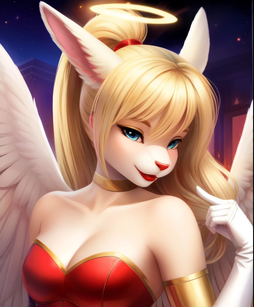 An female anthro blonde guardian angel rabbit, ponytail hair, red lipstick, halo, white soft feathered wings, white and gold long gloves, , rubbing her 