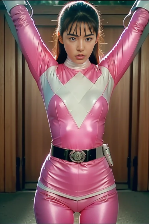 pink theme,pink ranger suit、beautiful woman, 24 year old woman, tied in bondage x
