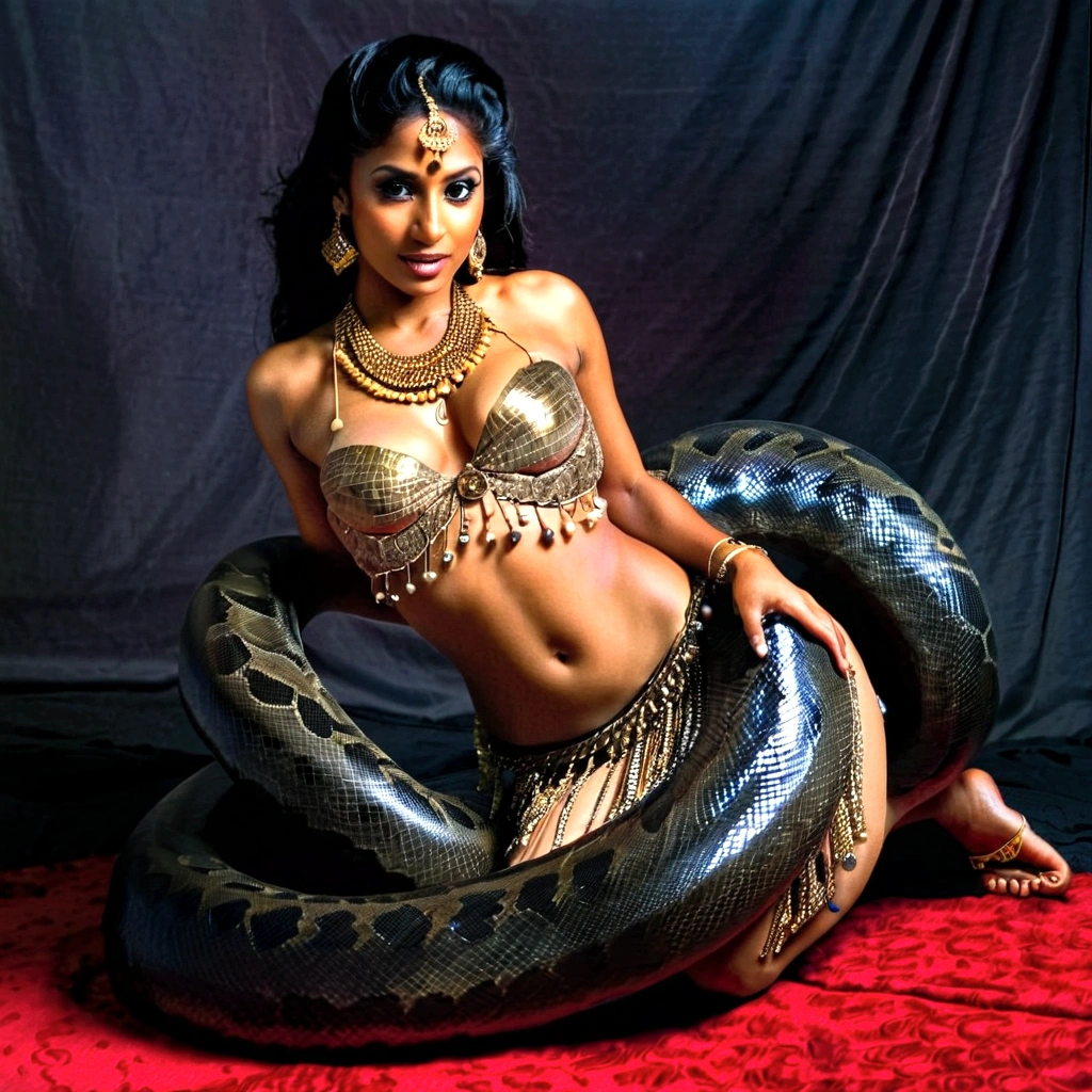   topless Happy Horny, aroused 1girl), beautiful kneeling indian young teen belly dancer with  giant colossal black titanboa squeezing her hard, wrapped in thick spiraling coils, constricted, struggle, gasping for air, snake attack, snake peril, moonless night, dim light