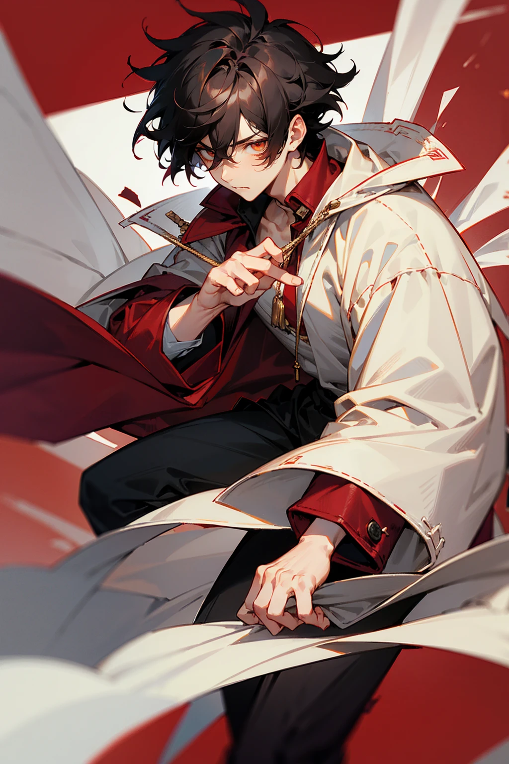 1male , Messy Hair , Low Cut , Black Hair , Sanguine Eyes , Adult Male , Perfect Generation , White and Burgundy Baggy Varsity Jacket , White and Red Cap , White Cape Over Cloak , Layered Clothing , Serious Expression