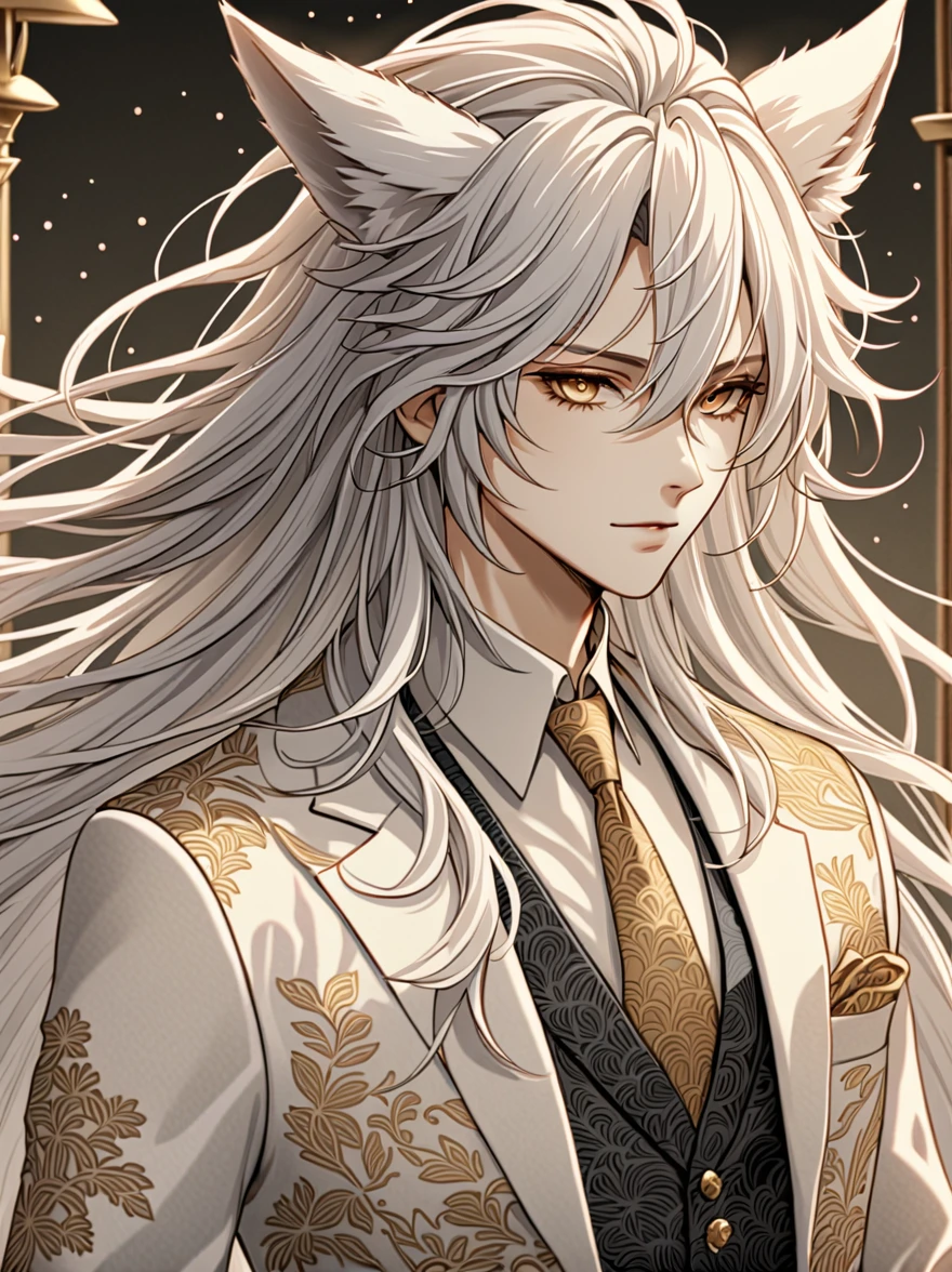 ((Highest quality)), ((masterpiece)), (detailed), ((Perfect Face))、male,  銀髪のmale性キャラクター。She has long, flowing hair and piercing golden eyes..。It has white fox ears on its head。
Performance: 真剣なPerformanceをしています。
He was wearing a gorgeous presenter-style suit..、With a wine glass in one hand。The suit is detailed、Contains intricate patterns and textures。
 The color scheme is based on white and gold..、キャラクターのdetailedな陰影&#39;Hair and suit。
background: backgroundはシンプルで白一色ですが、キャラクターのdetailedを強調するように設計。
 In anime style、Characterized by delicate lines and soft shadows.。Realistic yet stylish.、Subtle gradients and textures are used。
The characters exude a calm and relaxed vibe..、It gives a slightly mysterious and fantastical impression..。