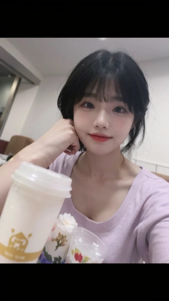 There is a woman sitting at the table drinking coffee, Ruan Mengmeng vtuber, Dang Meilin, high quality, Lalisa Manobal, Gongbi, she has a cute face, TikTok video, Yunling, Chen Xintong, she expresses joy, Ruan Jia is beautiful! , very low quality, popular in CGSTATION