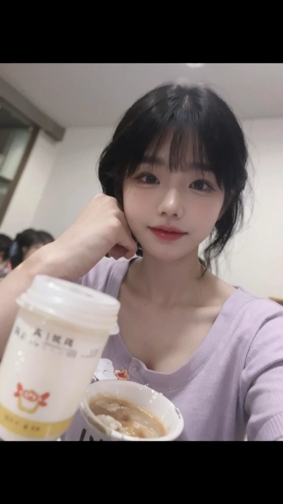 There is a woman sitting at the table drinking coffee, Ruan Mengmeng vtuber, Dang Meilin, high quality, Lalisa Manobal, Gongbi, she has a cute face, TikTok video, Yunling, Chen Xintong, she expresses joy, Ruan Jia is beautiful! , very low quality, popular in CGSTATION