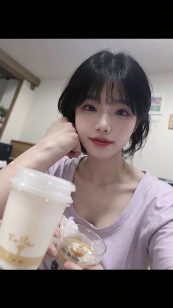 There is a woman sitting at the table drinking coffee, Ruan Mengmeng vtuber, Dang Meilin, high quality, Lalisa Manobal, Gongbi, she has a cute face, TikTok video, Yunling, Chen Xintong, she expresses joy, Ruan Jia is beautiful! , very low quality, popular in CGSTATION