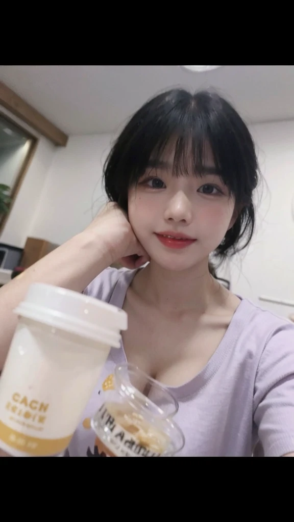 There is a woman sitting at the table drinking coffee, Ruan Mengmeng vtuber, Dang Meilin, high quality, Lalisa Manobal, Gongbi, she has a cute face, TikTok video, Yunling, Chen Xintong, she expresses joy, Ruan Jia is beautiful! , very low quality, popular in CGSTATION