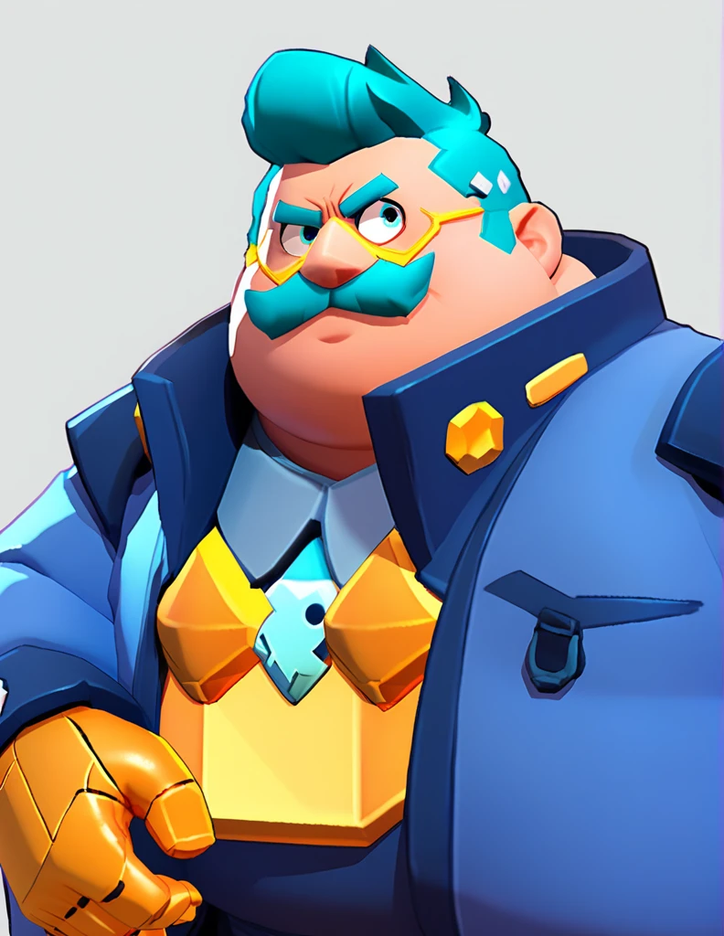 an obese businessman, in a blue suit, blue cyberpunk hairstyle and mustache, in gold armor encrusted with diamonds