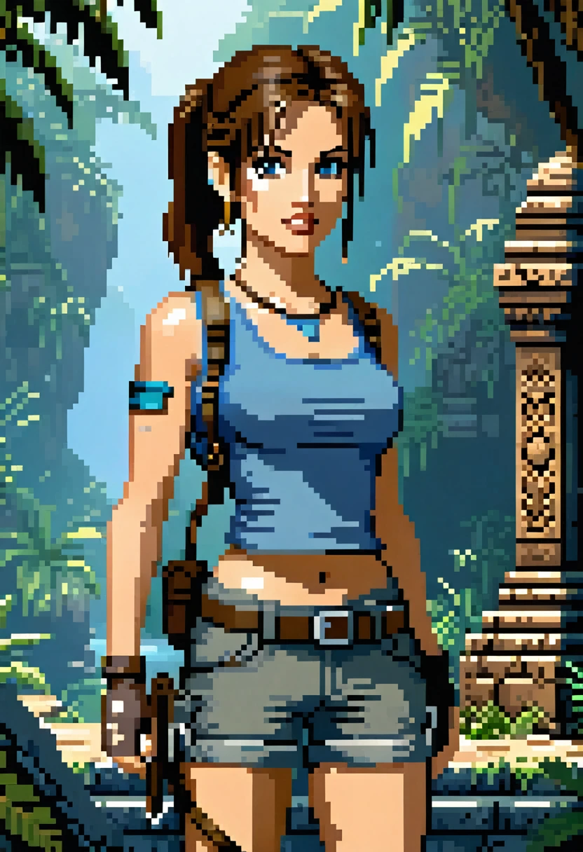 pixel art, 2D Retro graphics of a video game, old tomb raider 1 lara croft in her not yet remastered 3d model, lara croft posing with an ancient artifact, blue top, brown shorts, jungle background