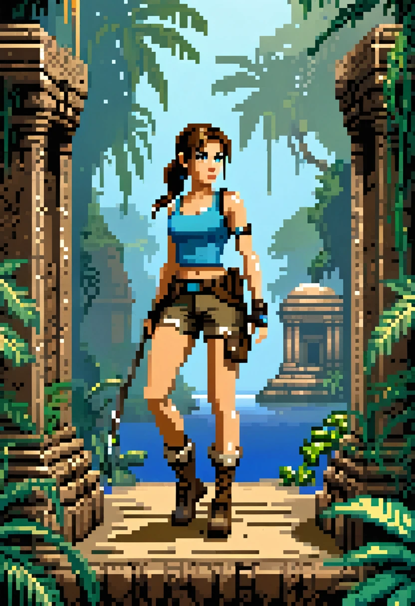 pixel art, 2D Retro graphics of a video game, old tomb raider 1 lara croft in her not yet remastered 3d model, lara croft posing with an ancient artifact, blue top, brown shorts, jungle background