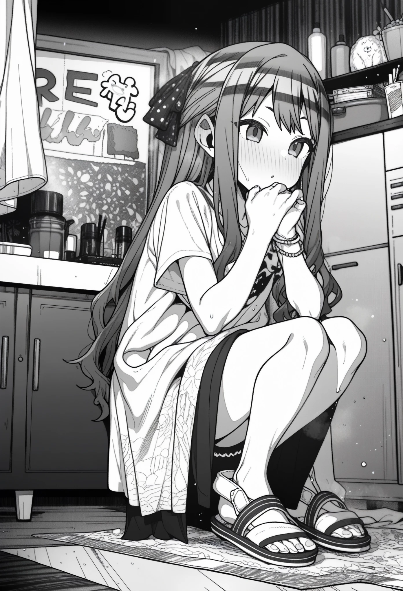 1girl, rei \(rei's room\), moketa, erere, idolmaster, official art, gakuen idolmaster, shinosawa hiro, aged down, bracelet, hand on another's leg, jewelry, long hair, sandals, shoes, sneakers, squatting, very long hair, absurdres, greyscale, hatching \(texture\), depth of field, ((very aesthetic, best quality, ultra detailed)), manga-style