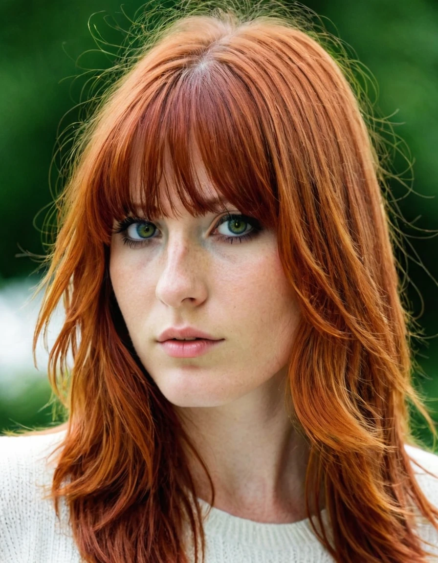 19 years old with long red hair layered with a light fringe and black eyes/chestnuts