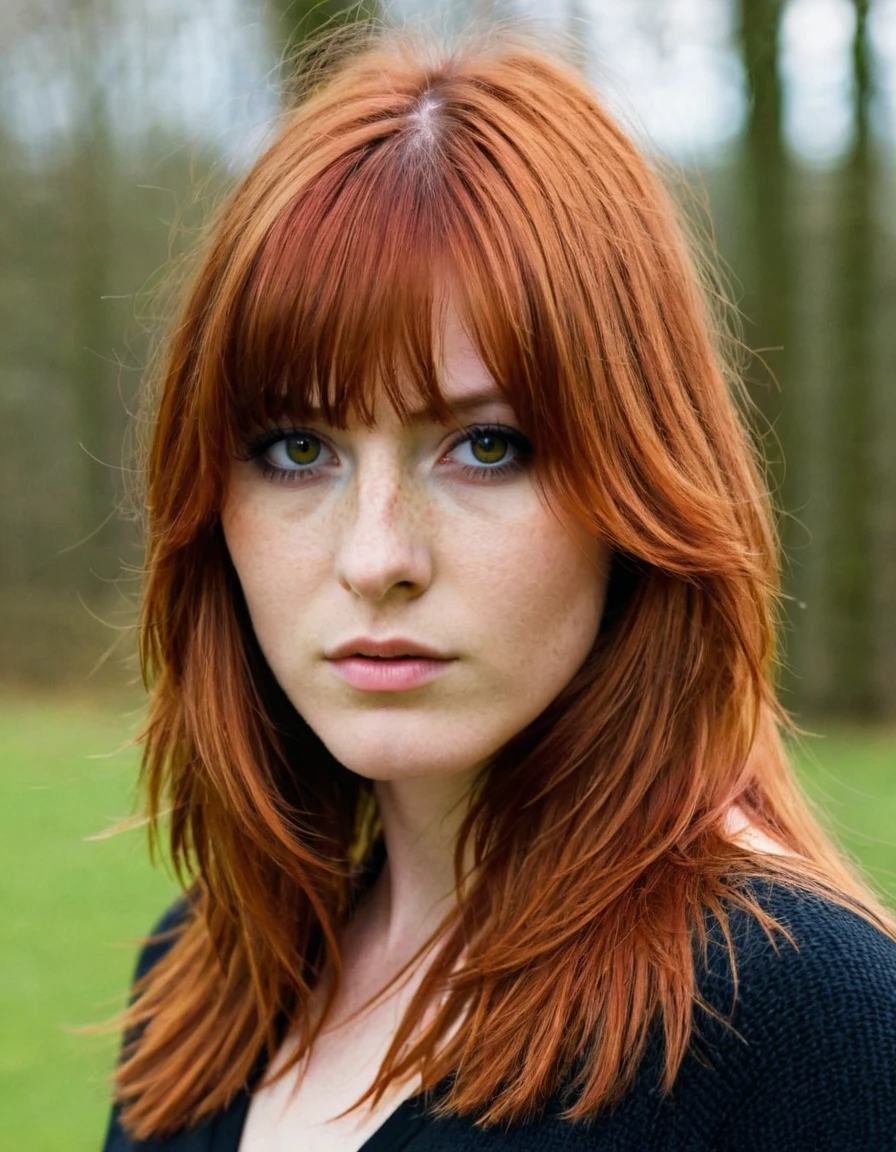 19 years old with long red hair layered with a light fringe and black eyes/chestnuts