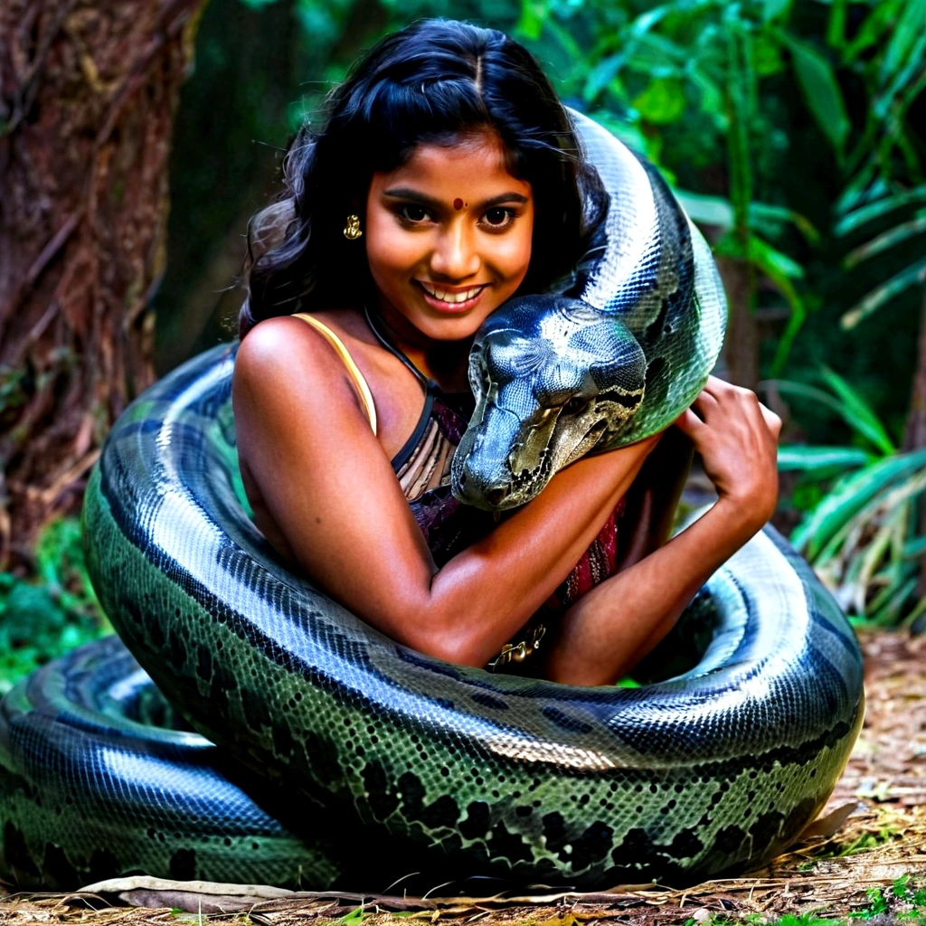 Happy Horny, aroused 1girl), beautiful kneeling indian young teen girl with giant colossal black titanboa squeezing her hard, wrapped in thick spiraling coils, constricted, struggle, gasping for air, snake attack, snake peril, moonless night, dim light