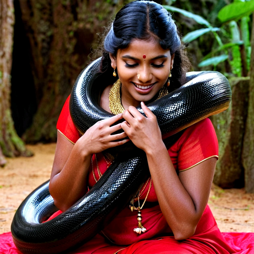 Happy Horny, aroused 1girl), beautiful kneeling indian girl with giant colossal black anaconda monster squeezing her hard, wrapped in thick spiraling coils, constricted, struggle, gasping for air, snake attack, snake peril, moonless night, dim light