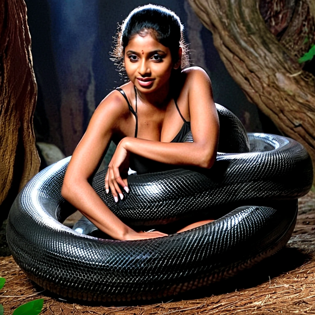 Topless  pink thong wearing aroused horny beautiful happy young Indian teen girl vs  Giant colossal black anaconda monster wrapped around her body squeezing her in coiled embrace cuddling and kissing  sexual erotic bestiality  sex  realistic in the rainforest full body, best quality wet 