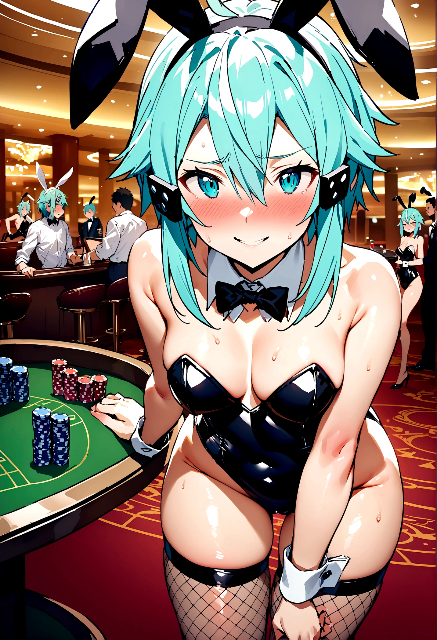 NSFW,masterpiece,Highest quality,High resolution,Super detailed,Sinon\(Sword Art Online\),Playboy Bunny,Streaks,Large fishnet stockings,Embarrassed,expectant face,Bad smile,blush,casino,tray,Being sexually harassed
