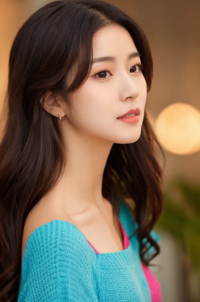 (1 Korean celebrities with royal sister style), ((best quality, 8k, masterpiece: 1.3)), focus: 1.2, perfect body beautiful: 1.4 , (Smile), (street: 1.3), Highly detailed facial and skin textures, beautiful eyes, double eyelids, Whitens skin, (Big wavy hairstyle: 1.3), (round face: 1.5), (Purple off-the-shoulder top: 1.4),
