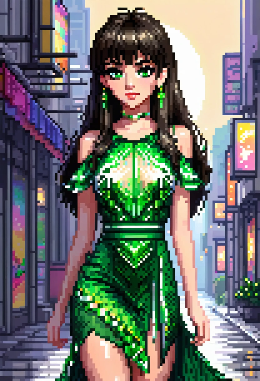 pixel art, girl with dark hair, bangs and green eyes wearing a sexy two sideslits dress