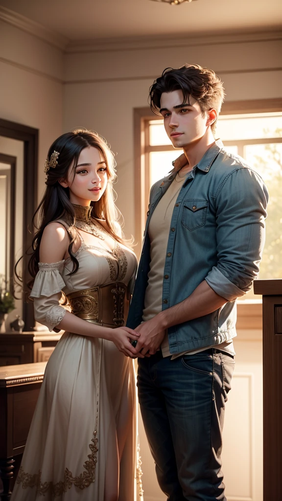 A beautiful young woman with long, flowing hair in a braid, sitting on the lap of an older man, embracing him intimately. Highly detailed, photorealistic, masterpiece, 8k, ultra-detailed, realistic, vivid colors, dramatic lighting, romantic, intimate, sensual, elegant, oil painting,saree ,long jhumka earrings