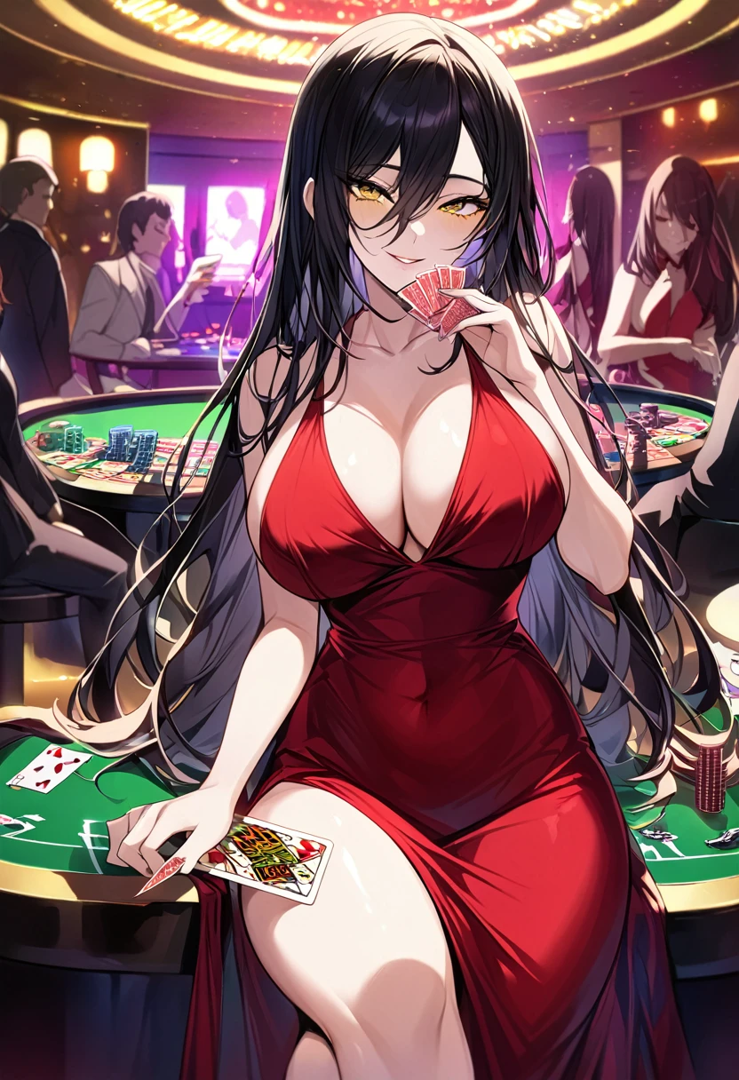 Adult female, busty, hourglass figure, sexy red dress, messy and long black hair, golden yellow irises, defined black pupils, passionate, seductive, sultry smile, casino, poker table, holding cards, sitting in a chair beside a poker table, well defined, perfect definition, high quality, perfect eyes, perfect hands, crowded casino, detailed environment