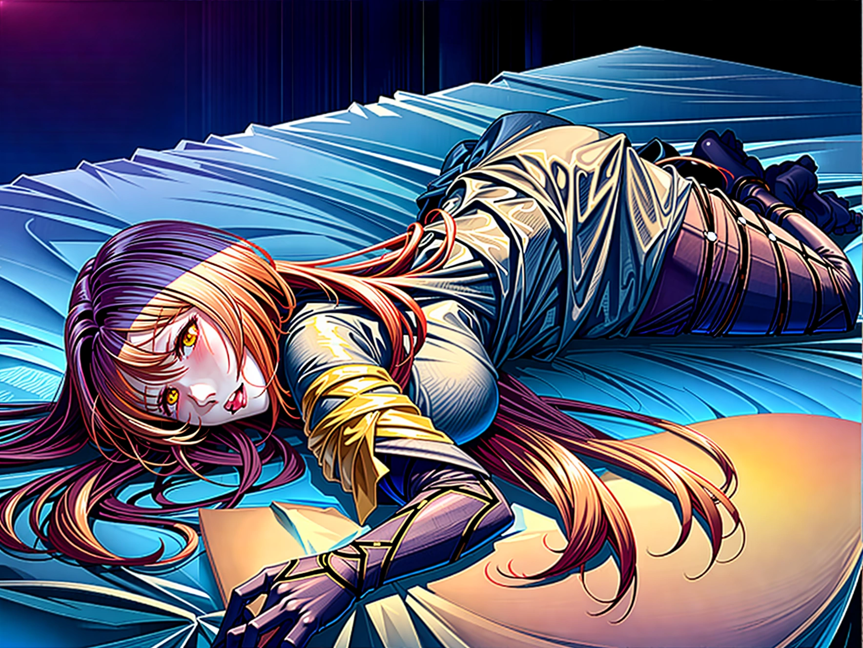 nsfw,sex with one man,sleeping,lying down,large breasts,female 、Scathach, girl, (masterpiece: 1.1), (highest quality: 1.1), Thematic, (bedroom background: 1.1), yellow eyes, red hair,long hair, low length, big breast, sexy pijama, pijamas, weaking up, morning, 18 +