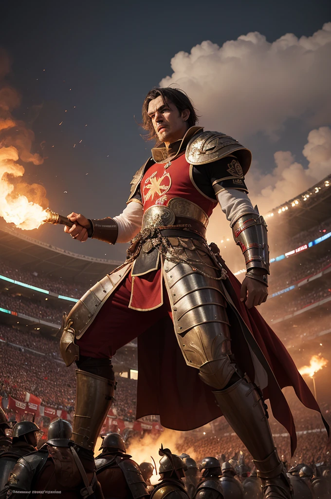 Here is an example prompt to generate a high resolution and quality image of the Beira-Rio Stadium with the fans in a battle context:

---

**Prompt**: "Create a high-resolution, high-quality image of the Beira-Rio Stadium during an epic battle. The crowd is dressed in medieval warrior costumes, holding flags and shields with the symbol of Internacional. The atmosphere is intense, with lit torches and smoke in the air, while the stands vibrate with the energy and fighting spirit. Detail every face in the crowd, showing expressions of determination and courage, and capture the grandeur of the illuminated stadium in the background."

--- This prompt includes specific details that should help generate a rich, lively image.