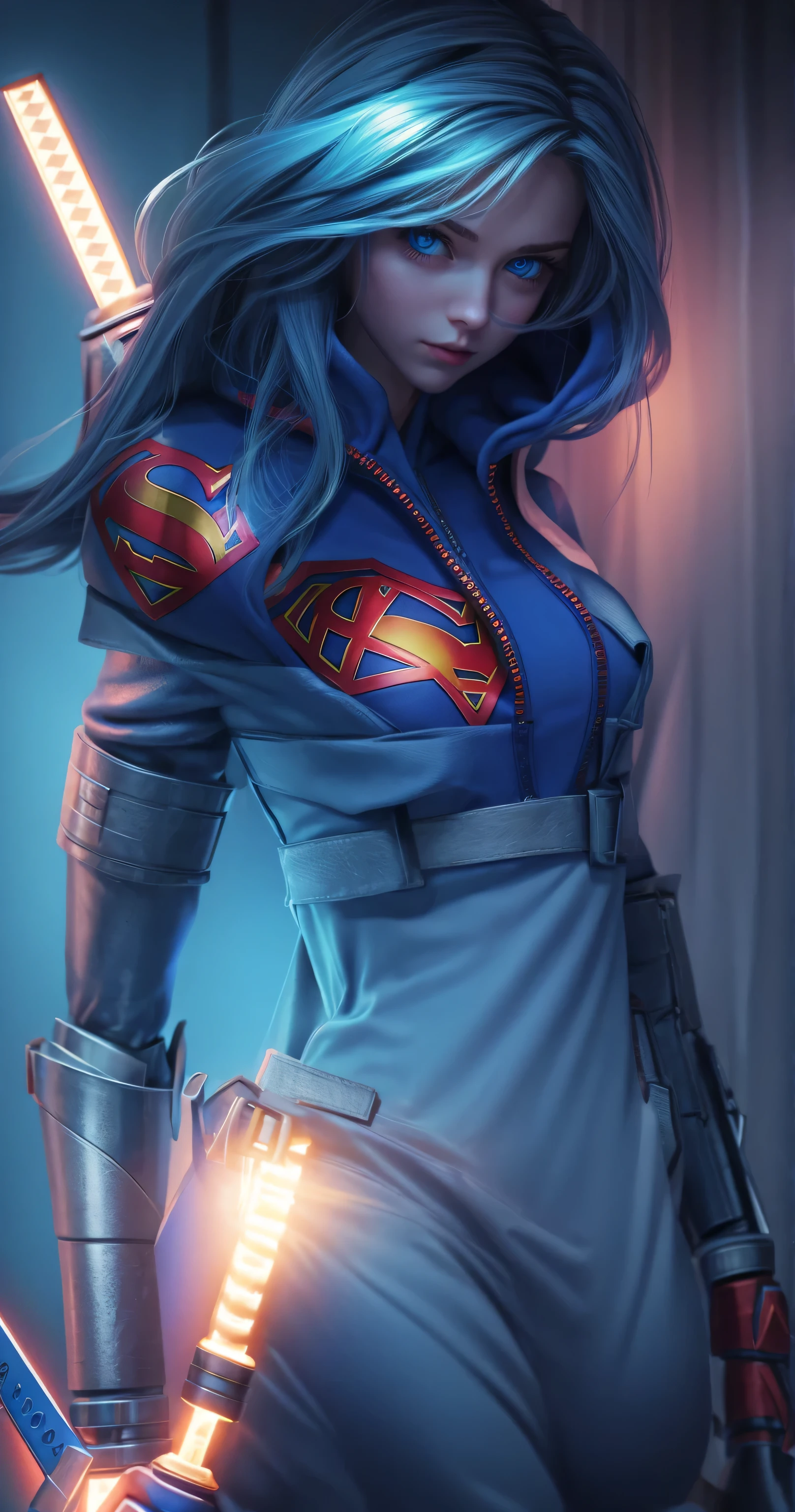 Supergirl, in a hoodie, shining blue eyes, Beautiful woman