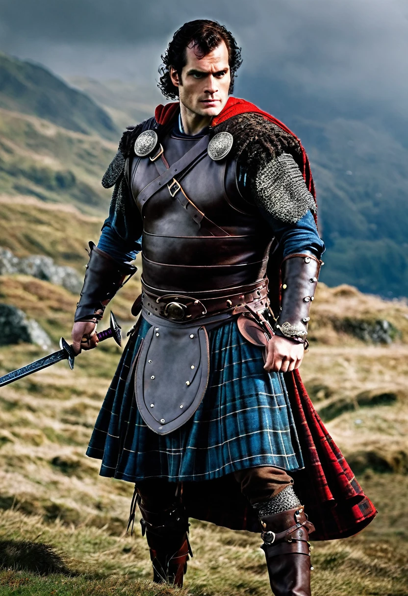 A full body Henry Cavill as Highlander Immortal Warrior, cinematic, best quality 