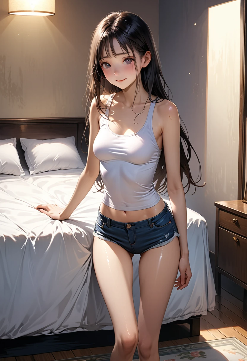 ((masterpiece,Highest quality;1.3,best illustration,realistic)),1woman、独奏,18 year old beauty,((very small head)),center parted hair,black hair,long hair,black eyes,gorgeous eyes,shy,smile,medium breasts,((very long body)),((toned body,slender body,skinny)),gleaming skin,shiny skin,oily skin,White tank top、navel、denim micro shorts、Simple bed、Simple bedroom、Dimly lit room、Tokyo、