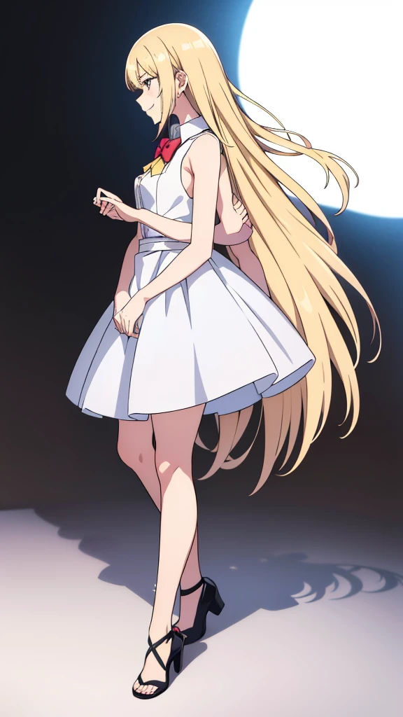 (1girl,20 years old,mature female),blonde hair,long hair,white dress, sleeveless, bow tie, bare shoulders,angry,smile,white background,extra arms,four arms,profile,full body
