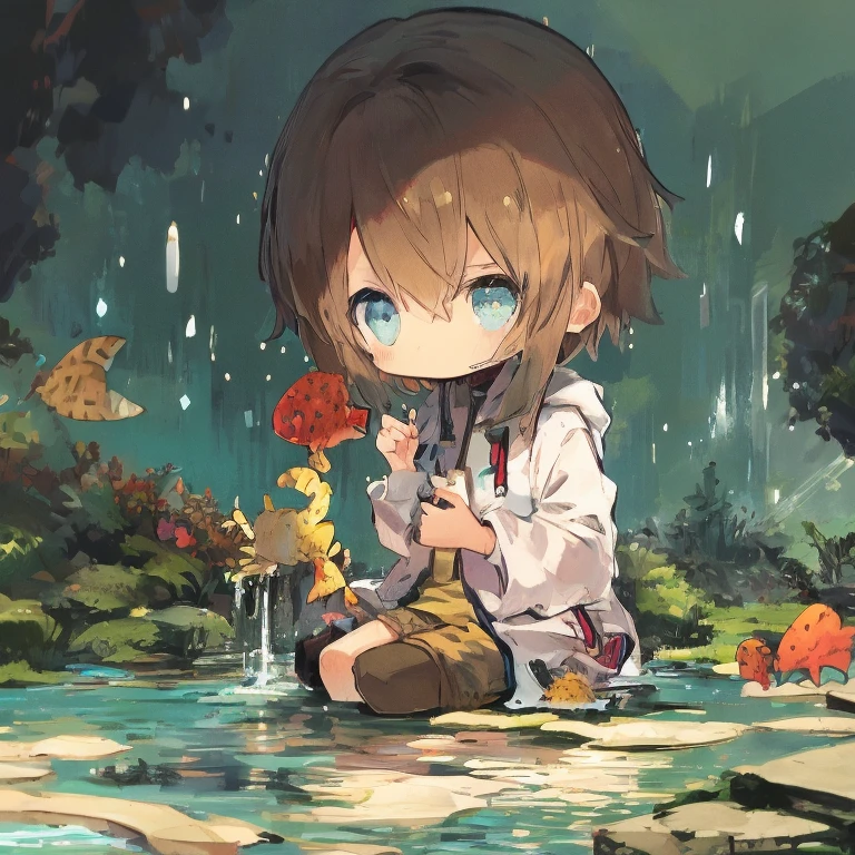 cute boy, solo, boy, dark brown hair, short hair, blue eyes, ((sitting near a pond with coy fish, holding red coy fish)), lily pads, wearing a hoodie, shorts, bandages on face, looking down, raining, hard rain, rain, small frown, high resolution, high quality, illustration, detailed face
