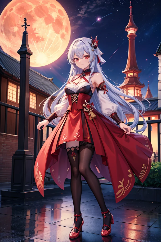 there is a woman in a red dress standing on a deck, keqing from genshin impact, anime goddess, anime highly detailed, highly detailed anime, stylized anime, astral witch clothes, high quality detailed anime, from the azur lane videogame, anime style like fate/stay night, lunar themed attire, zhongli from genshin impact, anime styled 3d