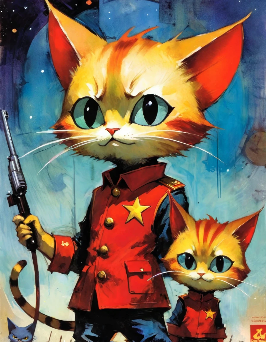 communist cat (art inspired in Skottie Young and Bill Sienkiewicz). oil painting) 