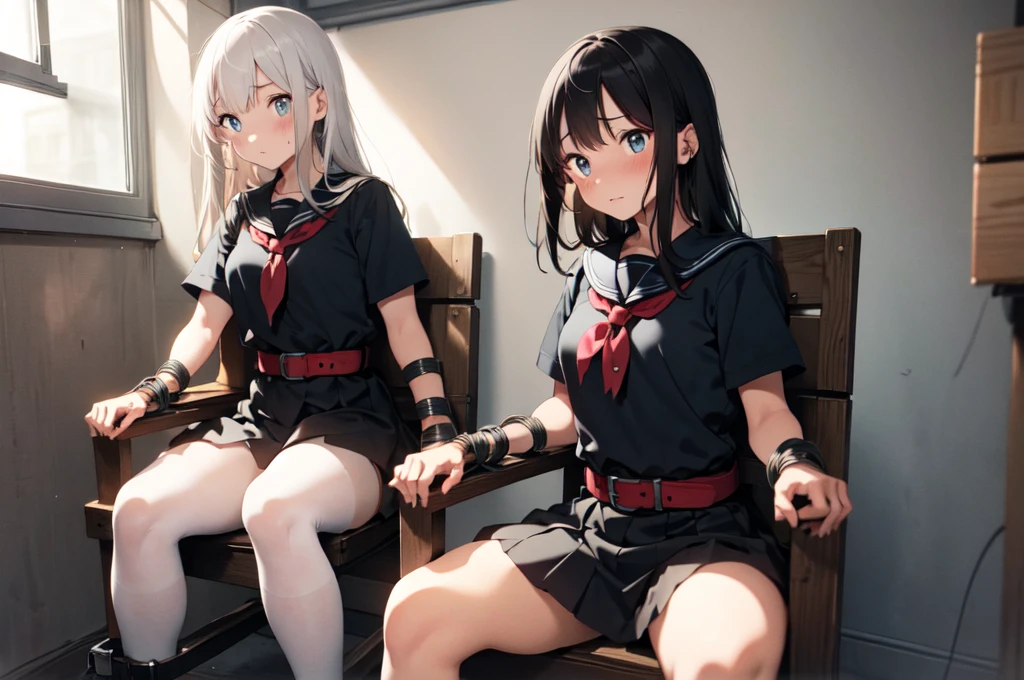 3 girls, ((inside tiny room, strapped to chairs)), (sitting:1.5), (bondage chair:1.5), (blushing:1.5), (open legs:1.5), ((basement, metal room)), (((3 girls, group of girls))), (inside torture room), arms to sides , wrist cuffs, ankle cuffs, (((shocked expression, struggling))), ((short sleeve, sailor uniform, tight clohing)), arms to sides, long hair, dark hair, saphire eyes, perfect body, perfect face, detailed face, detailed eyes, 16K, centered