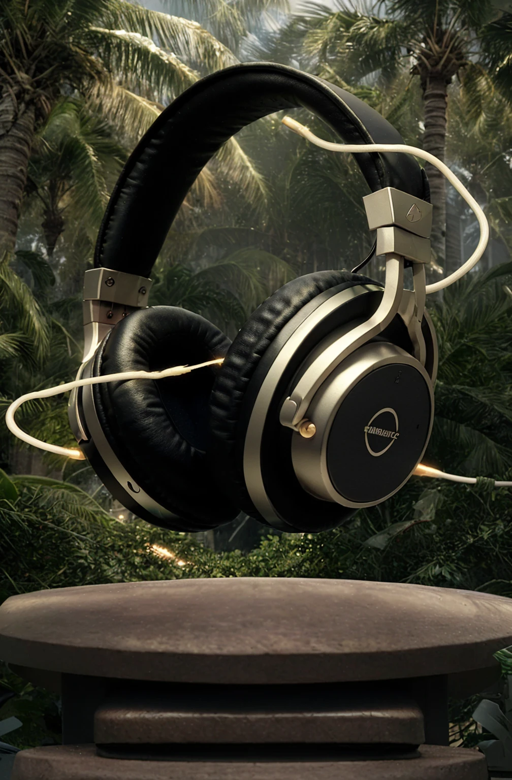 headphones, lightning around headphones, palm trees in the background, product, beautiful banner, magical effects around the headphones, beautiful effects, haze in the background, Magic