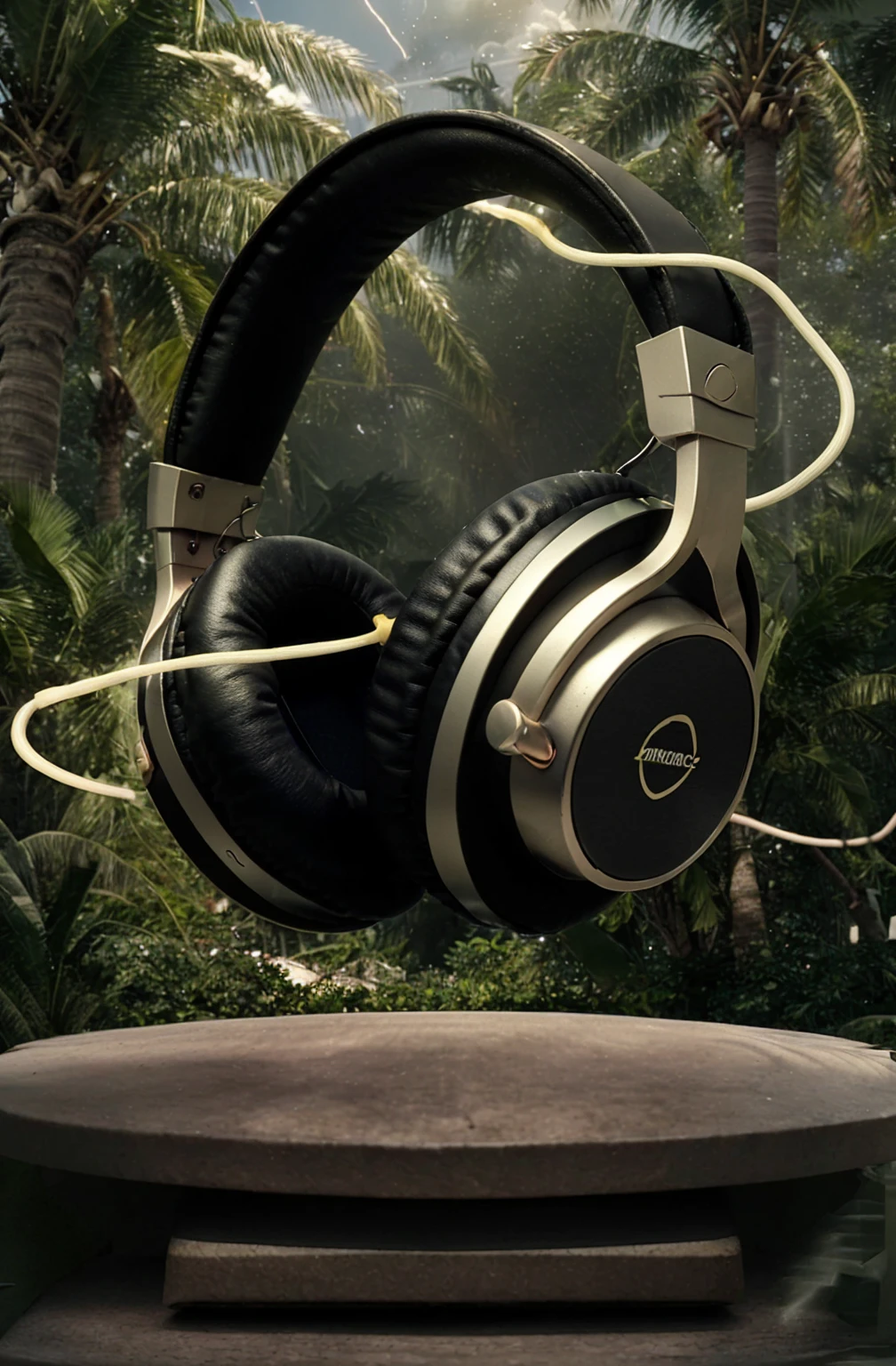 headphones, lightning around headphones, palm trees in the background, product, beautiful banner, magical effects around the headphones, beautiful effects, haze in the background, Magic