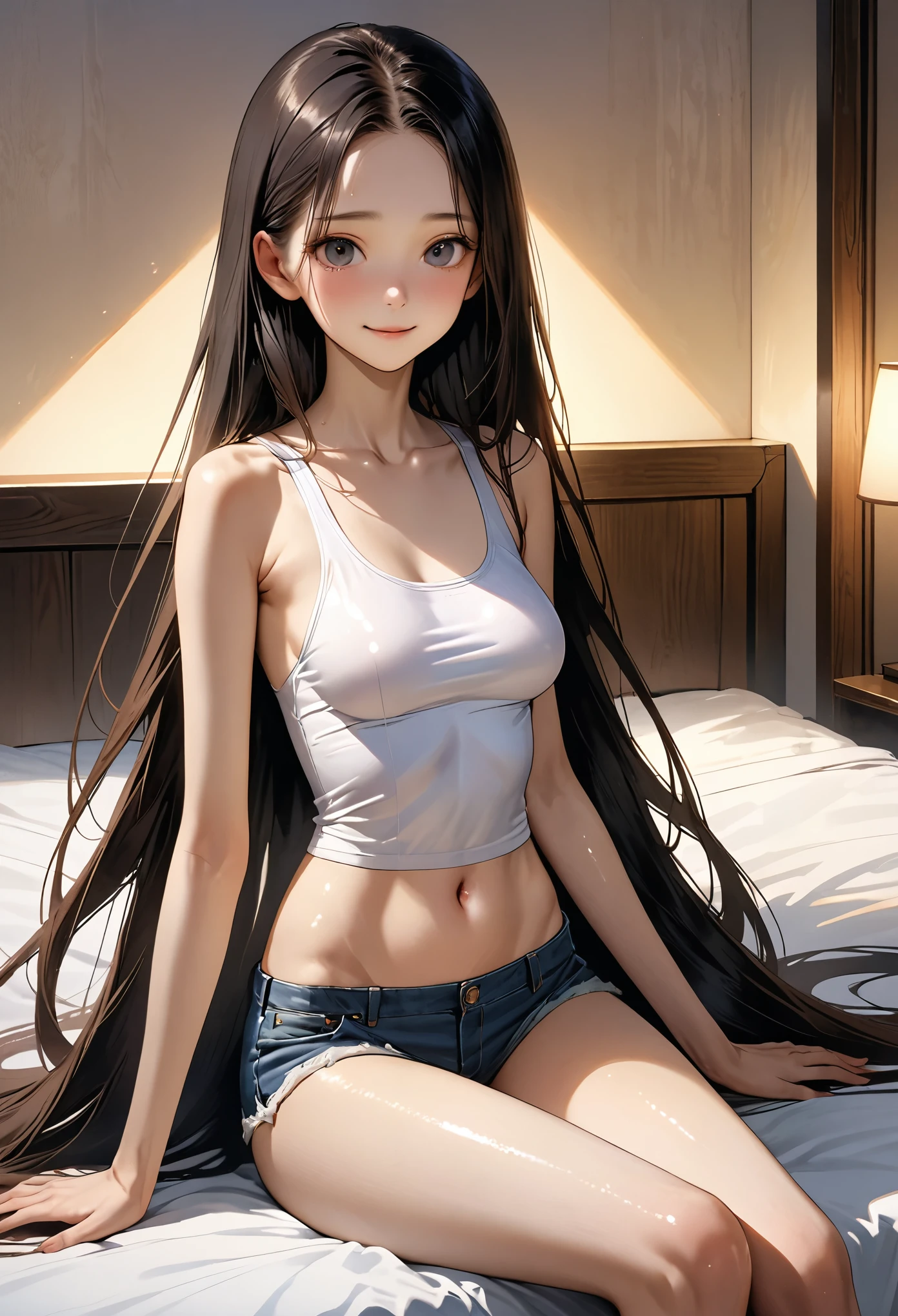 ((masterpiece,Highest quality;1.3,best illustration,realistic)),1woman、独奏,18 year old beauty,((very small head:1.4)),center parted hair,black hair,long hair,black eyes,gorgeous eyes,shy,smile,medium breasts,((very long body:1.5)),((toned body,slender body,skinny)),gleaming skin,shiny skin,oily skin,White tank top、navel、denim micro shorts、Simple bed、Simple bedroom、Dimly lit room、Tokyo、