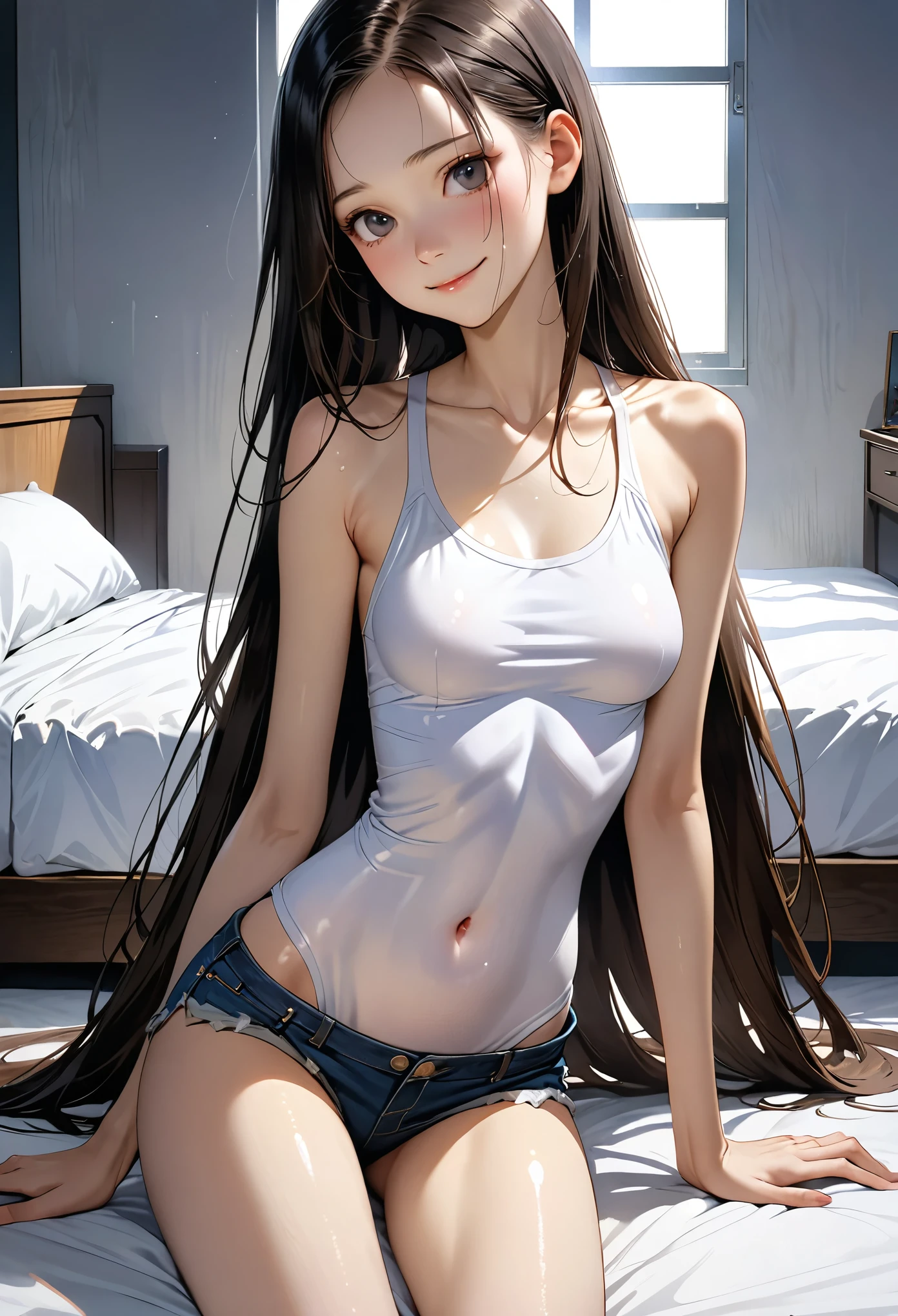 ((masterpiece,Highest quality;1.3,best illustration,realistic)),1woman、独奏,18 year old beauty,((very small head:1.4)),center parted hair,black hair,long hair,black eyes,gorgeous eyes,shy,smile,medium breasts,((very long body:1.5)),((toned body,slender body,skinny)),gleaming skin,shiny skin,oily skin,White tank top、navel、denim micro shorts、Simple bed、Simple bedroom、Dimly lit room、Tokyo、