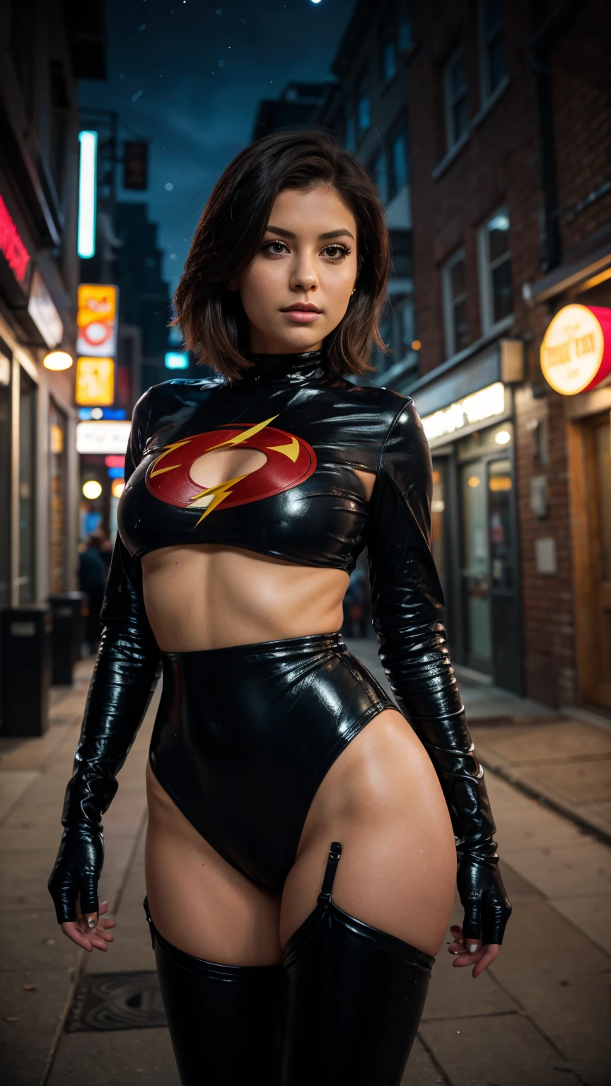 Masterpiece, (photorealistic1.4),Best quality, (solo), (1girl on night street)), (epiCRealLife), (lora:epiCFlashPhoto), (photorealistic1.4), (night scene), (night sky), (ElastigirlHelenParr latex costume), (dakojohnold ), black elbow gloves), (black thighhigh),), (short hair), (helen parr hairstyle), (outside patio), (1girl), (look at viewer), (demure), (close up), (spot light), (flashphoto, flash photography), (night time), (at night), (f/2.8), (cowboy shots), (upper body shot), (from front), (new york night street), (neon signs)