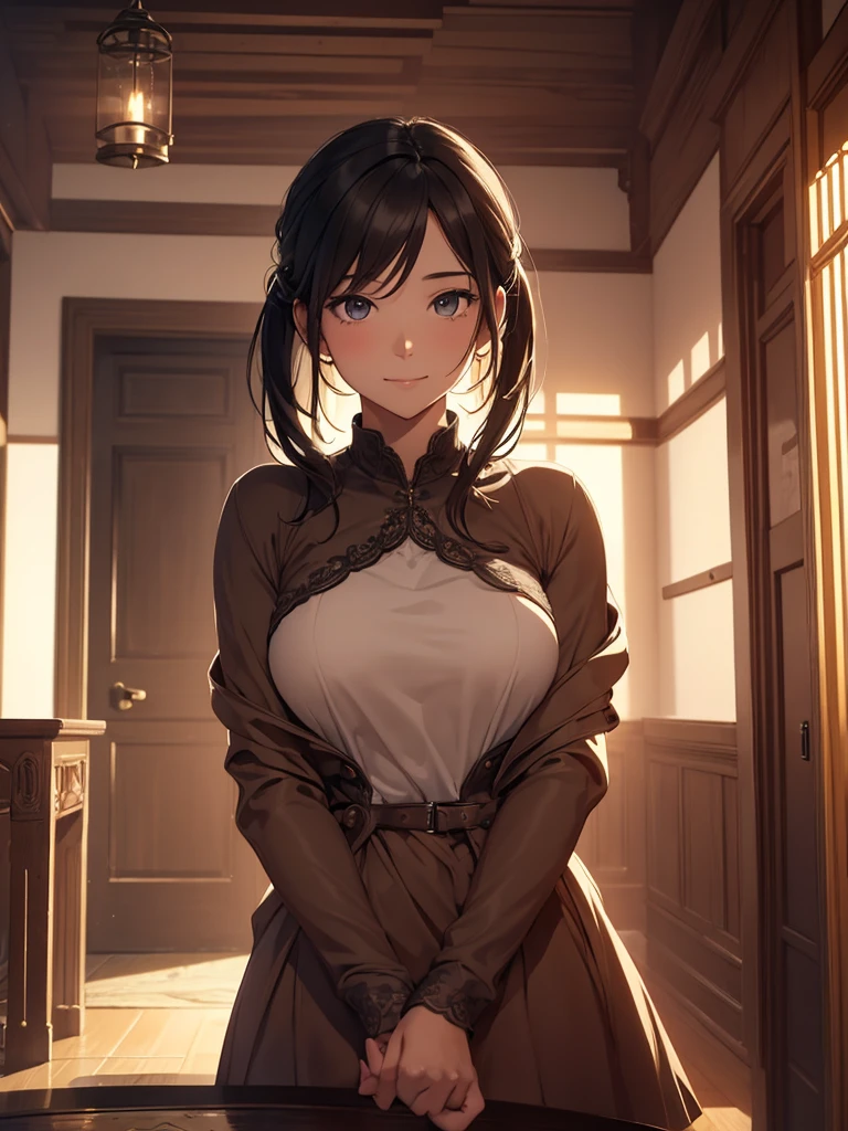 1 girl, ((masterpiece, highly detailed, HD, high quality)), Side set breasts, (breasts type: Side_set, Breasts have a wider gap between them, with nipples pointing more outward), Eyes: Large, dark brown, Nose: Small and rounded, Lips: Thin, natural pink, Hair: Long, straight, dark brown, Skin Tone: Warm medium with a golden undertone, Eyebrows: Thick and straight, Cheekbones: High and soft, Chin: Rounded, Ears: Medium-sized and close to the head, Expression: Warm and welcoming, wearing (Wool blend A-line dress), standing, Hands Clasped in Front, Head Tilted, looking at viewer, camara lavel with face, background: outside, home front gate.