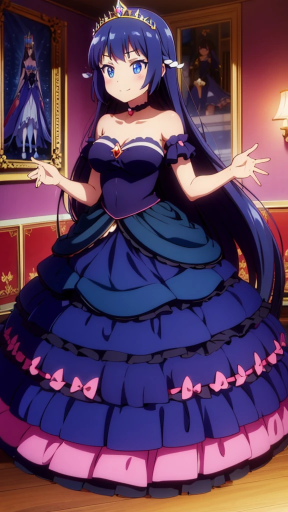 best quality,extremely detailed,anime style,1girl,Long hair down to the waist,straight hair,Dark black hair with bluish,Braid on top of the head,beautiful detailed eyes,pinched eyes,dark blue eyes,huge breasts,smile,garter belt,princess motif idol dress,Fluttering and mysterious clothes,hair ornament,((((princess room)))),dynamic pose,in aikatu style,fullbody