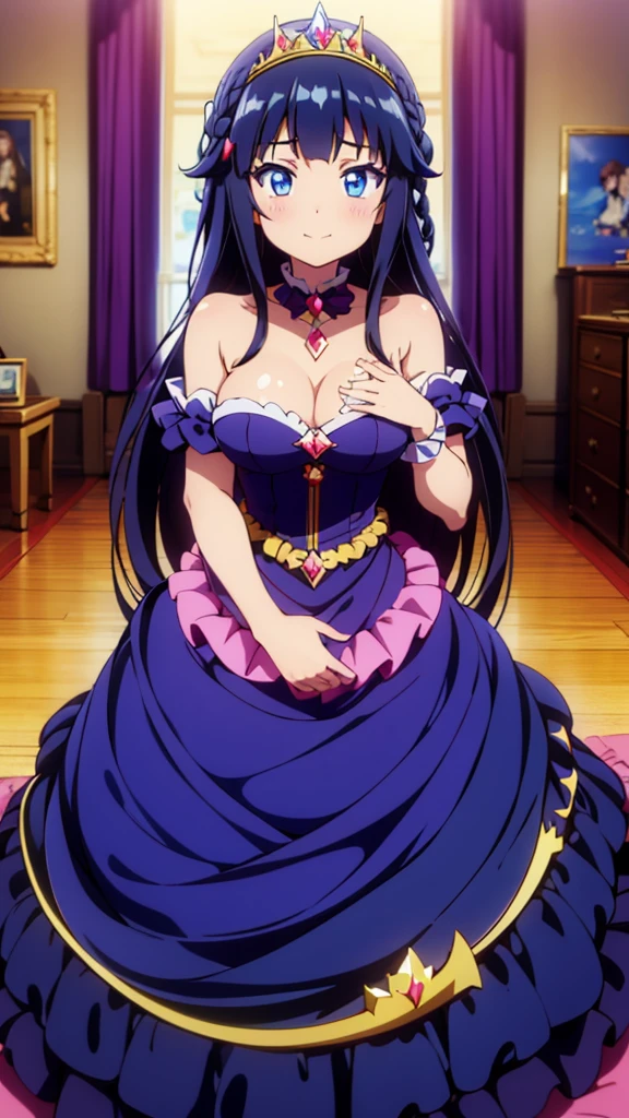 best quality,extremely detailed,anime style,1girl,Long hair down to the waist,straight hair,Dark black hair with bluish,Braid on top of the head,beautiful detailed eyes,pinched eyes,dark blue eyes,huge breasts,smile,garter belt,princess motif idol dress,Fluttering and mysterious clothes,hair ornament,((((princess room)))),dynamic pose,in aikatu style,fullbody
