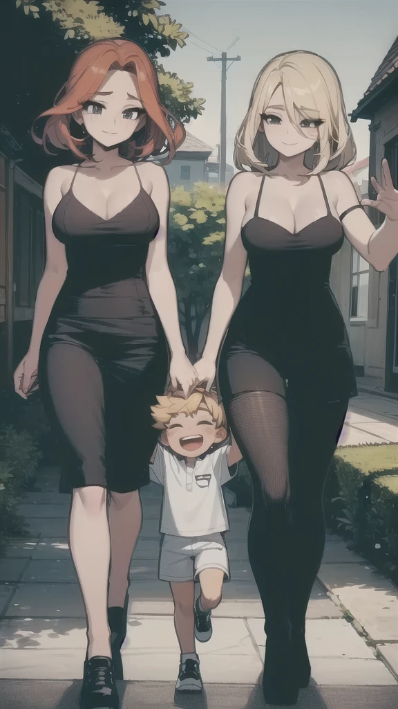 two sexy women walking and looking down at 4 years old boy with blonde hair and shorts, women touch boy's head, women have flirtatious smiles, women have various hair colors